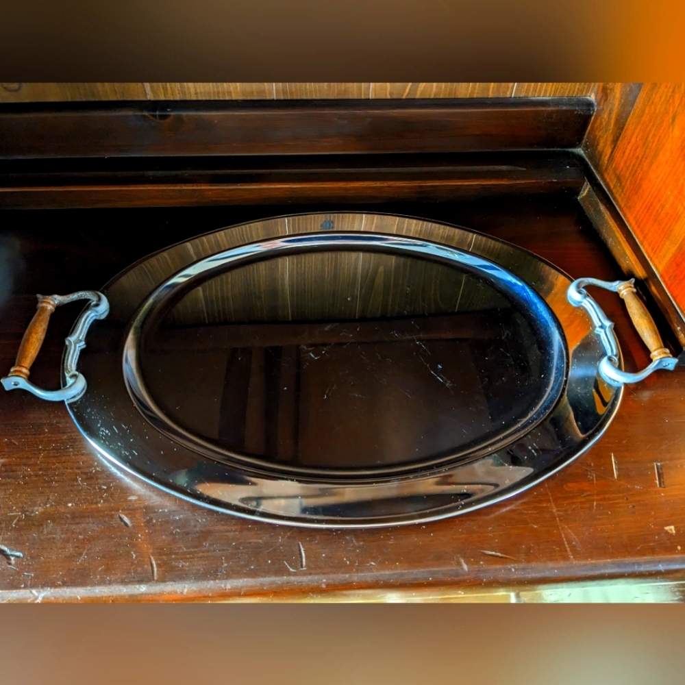 Vintage Kromex Oval Chrome Serving Tray With Wooden Handles